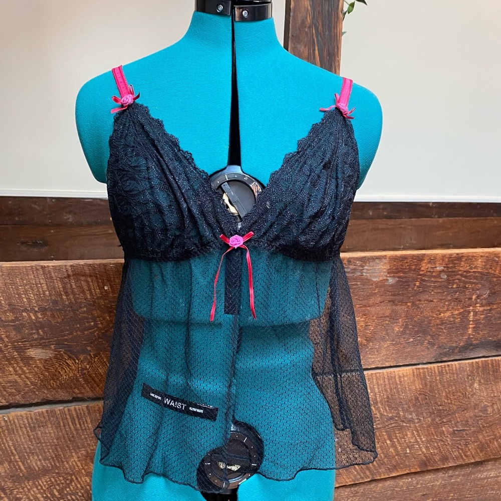 Vintage DKNY Mesh & Lace Babydoll Negligee Top w/ Hot Pink Straps & Rosebud Bows